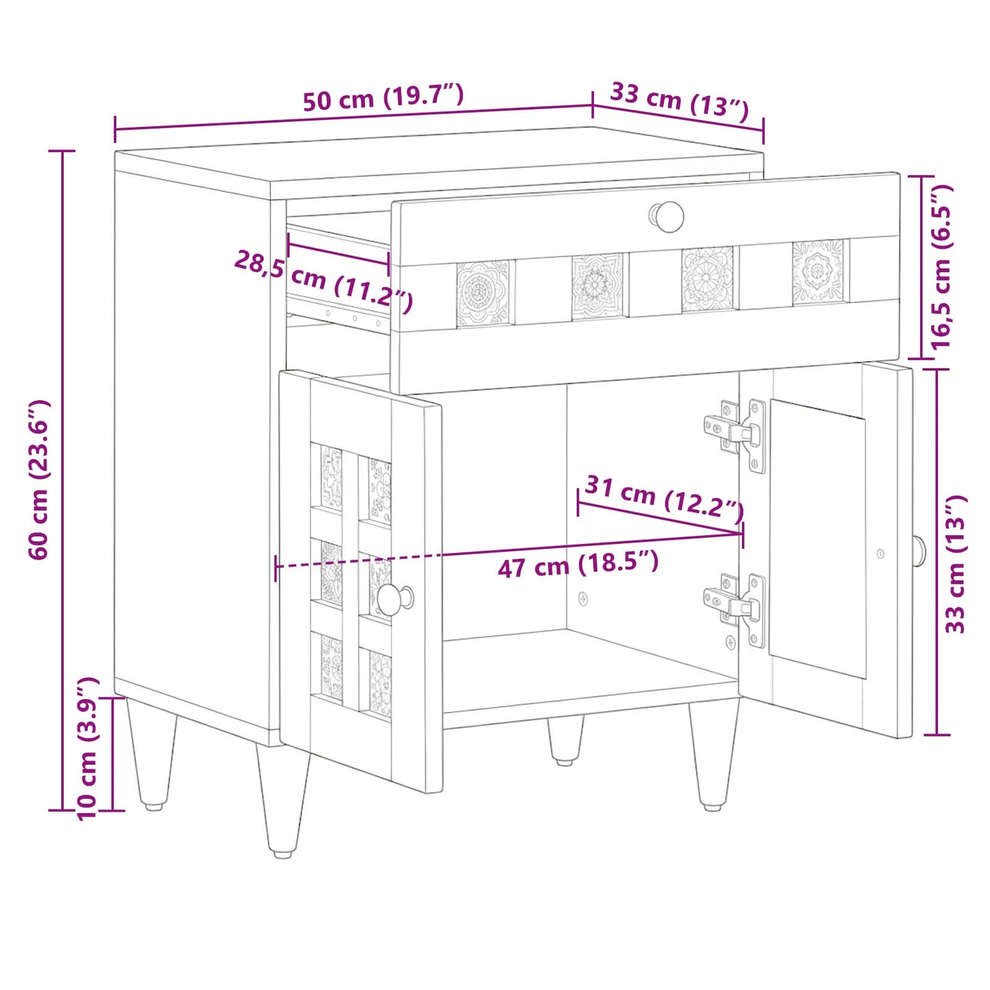 Nachttisch Natur 50 x 33 x 60 cm Massivholz Mango