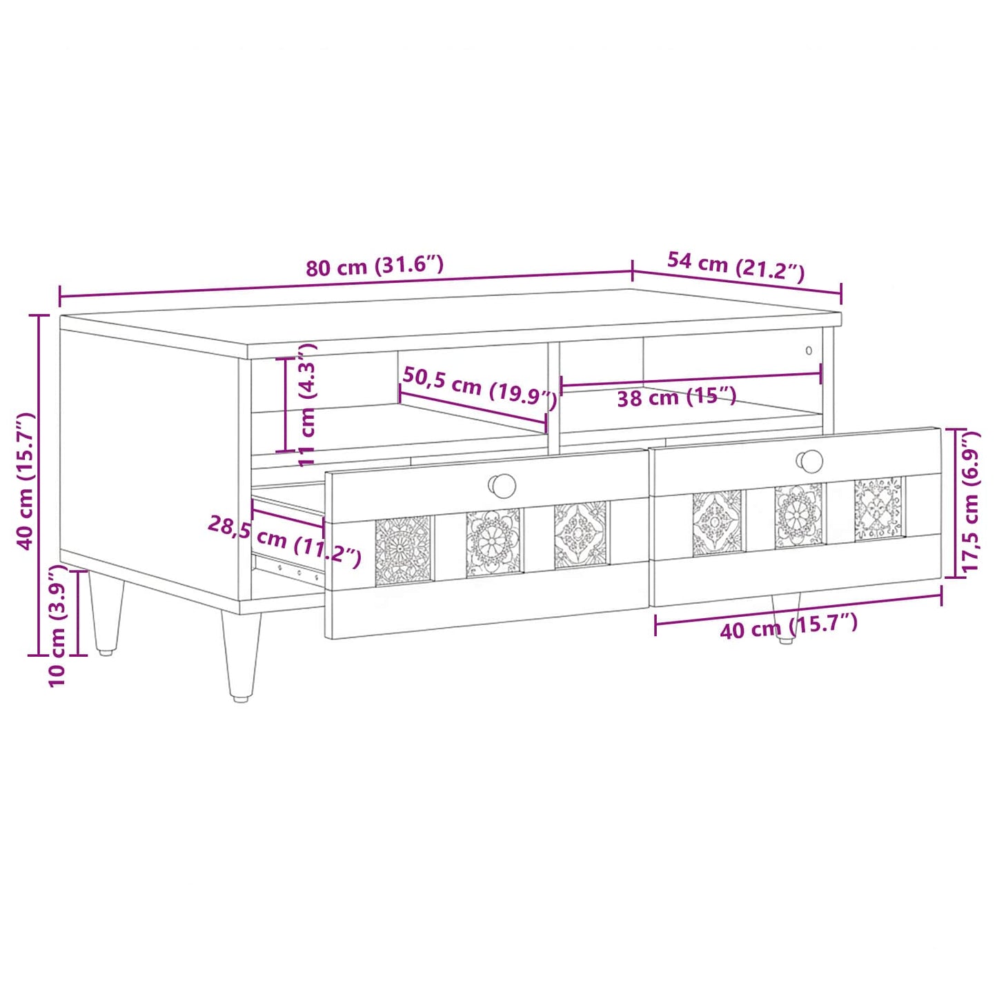 Couchtisch Natur 80 x 54 x 40 cm Massivholz Mango