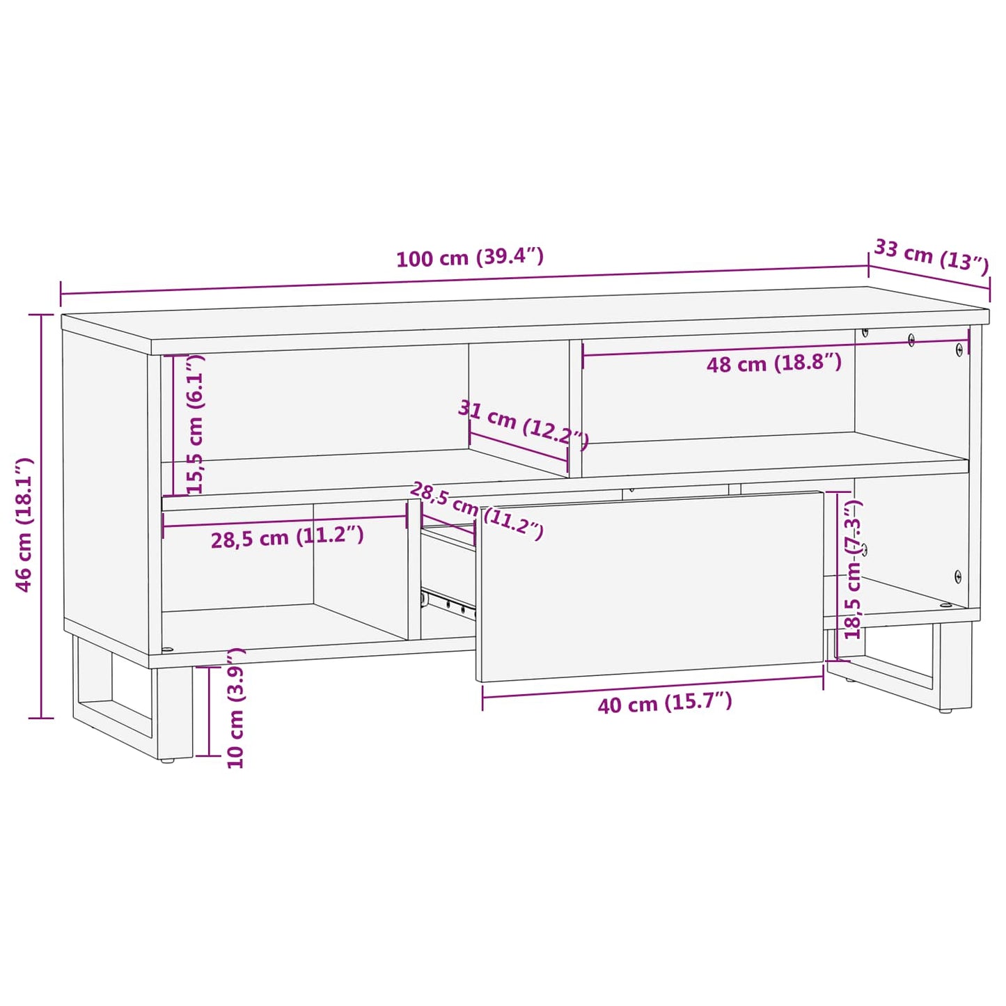vidaXL TV-Schränk mit Regal Braun 100 x 33 x 46 cm Massivholz Mango