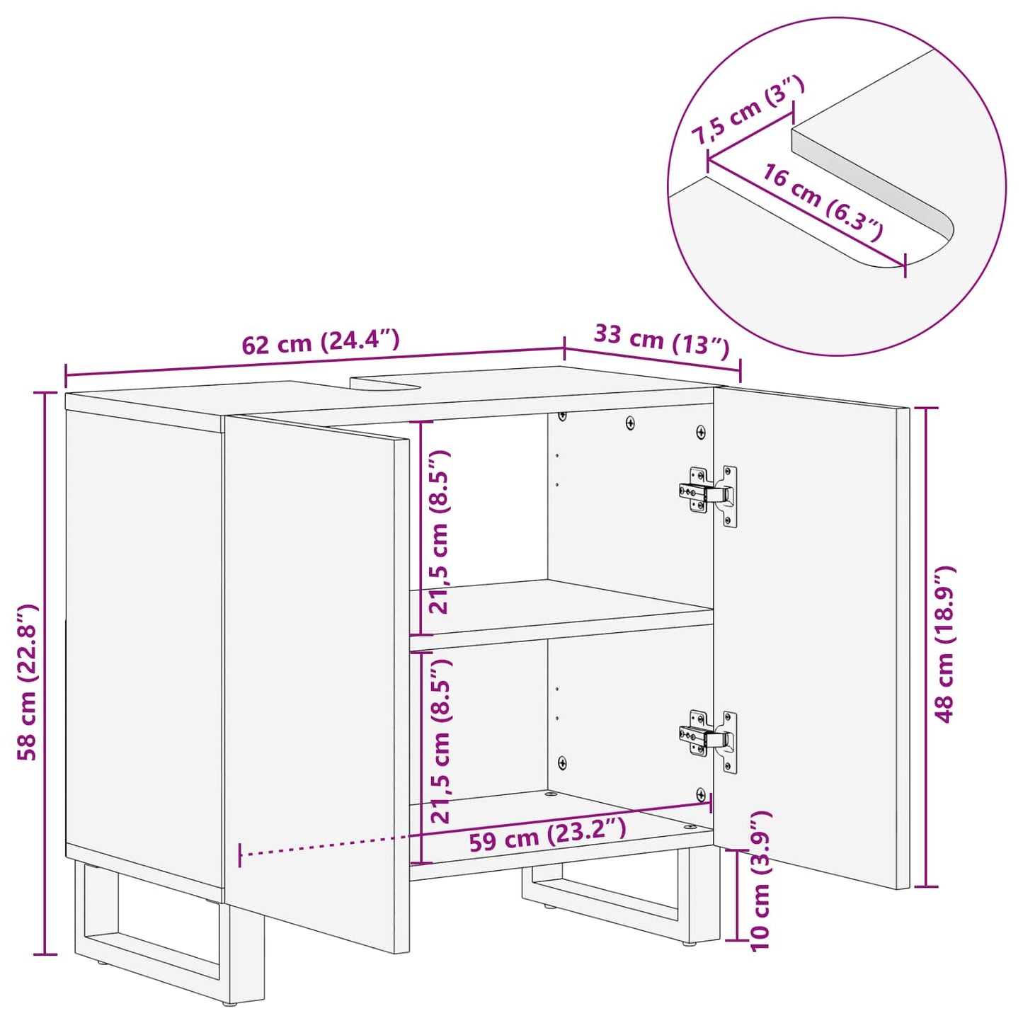 vidaXL Waschbeckenschrank Natur 62 x 33 x 58 cm Massivholz Mango