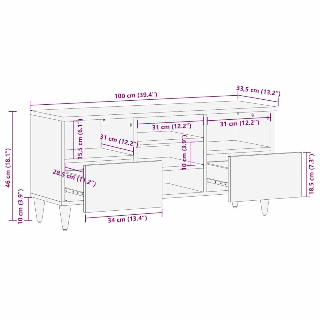 vidaXL TV-Schränk mit Regal Braun 100 x 33,5 x 46 cm Massivholz Mango
