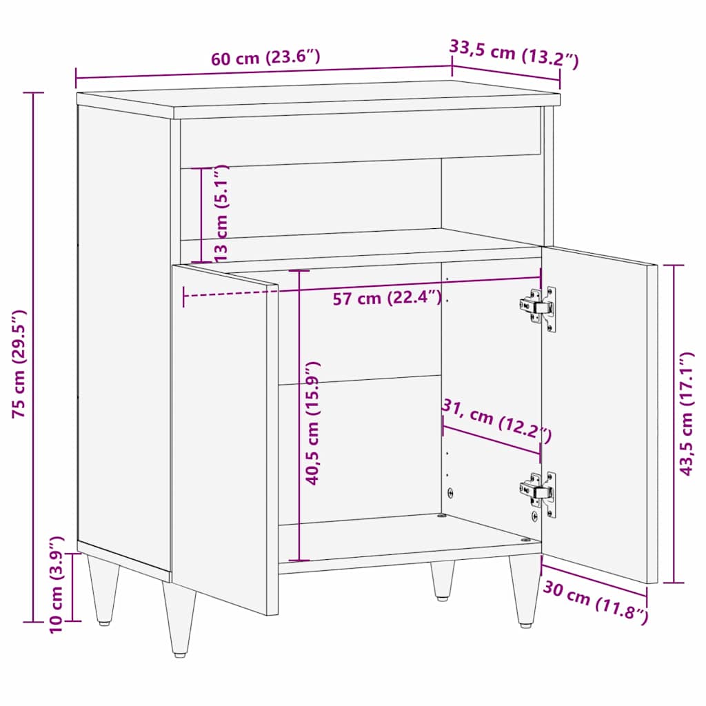 vidaXL Seitenschrank Braun 60 x 33,5 x 75 cm Massivholz Mango