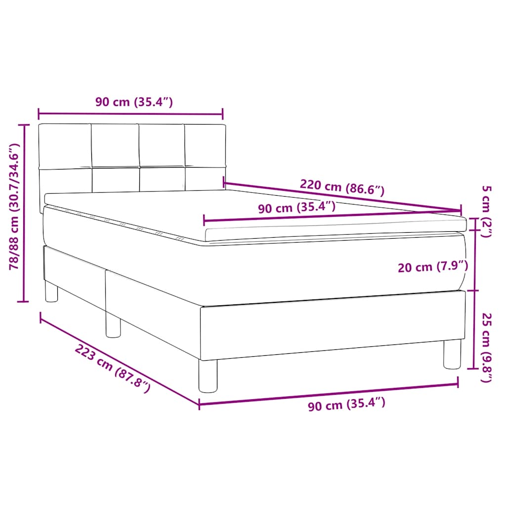 vidaXL Boxspringbett mit Matratze Dunkelgrau 90x220 cm Samt