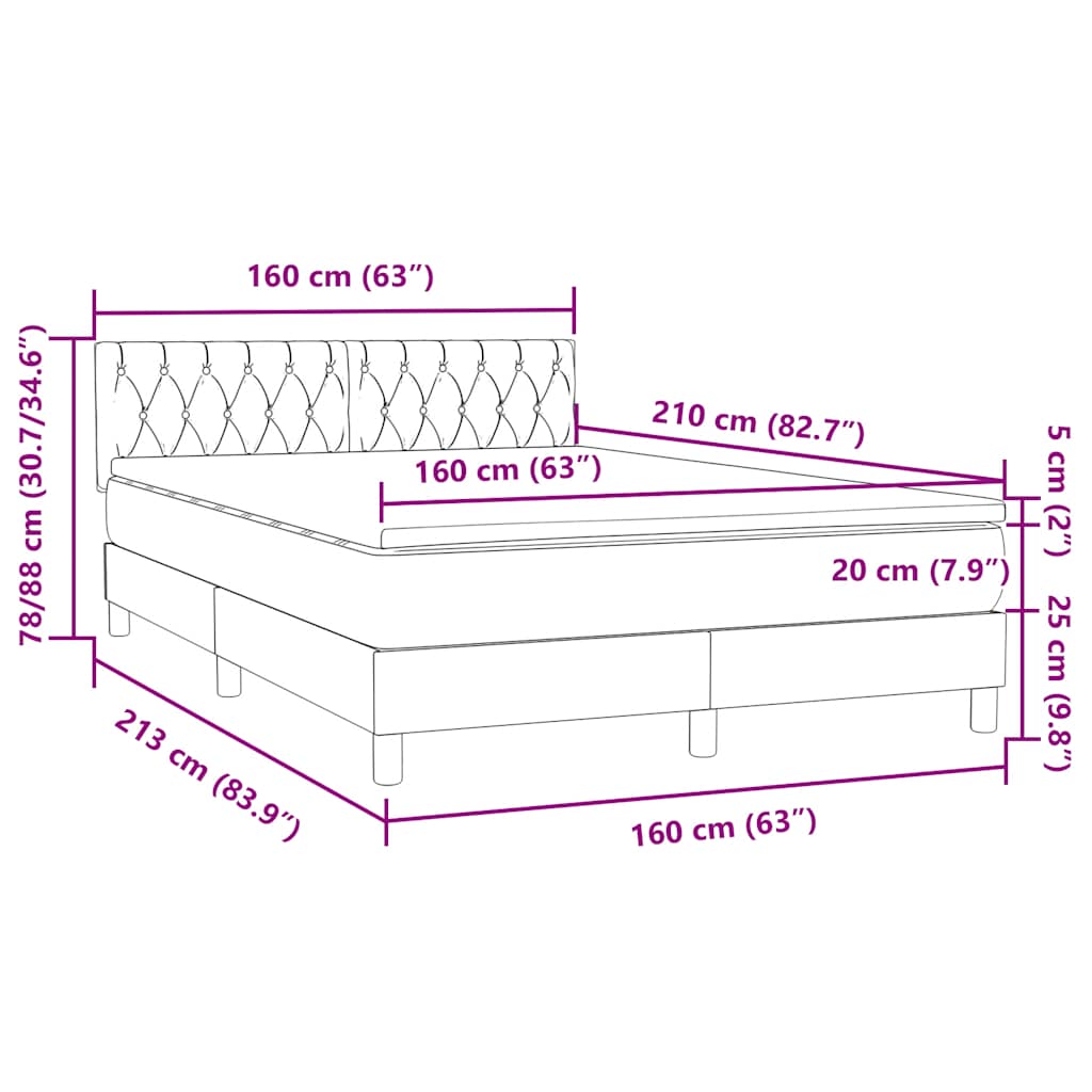 vidaXL Boxspringbett mit Matratze Hellgrau 160x210 cm Samt