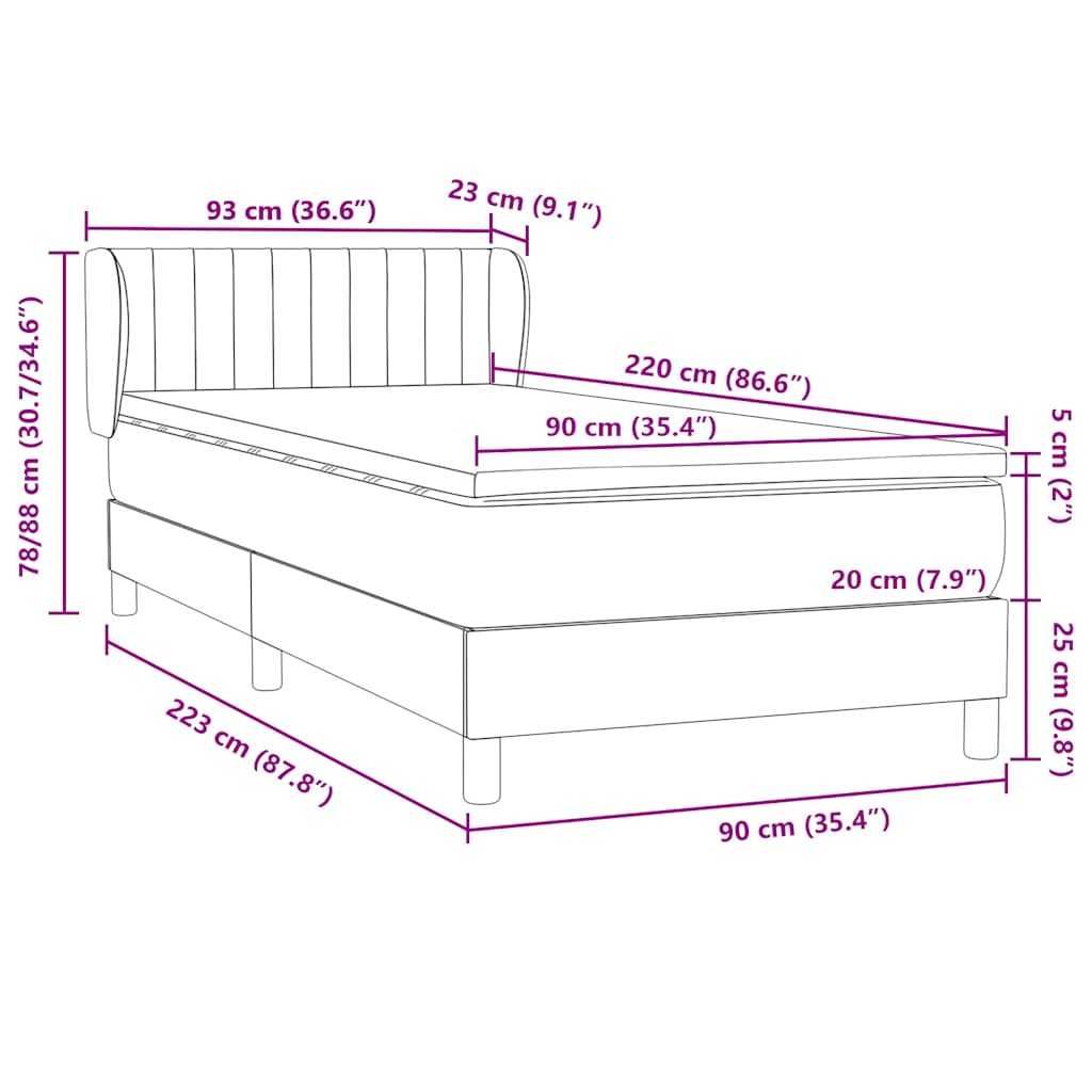 vidaXL Lit tapissier avec matelas Noir 90x220 cm Velours