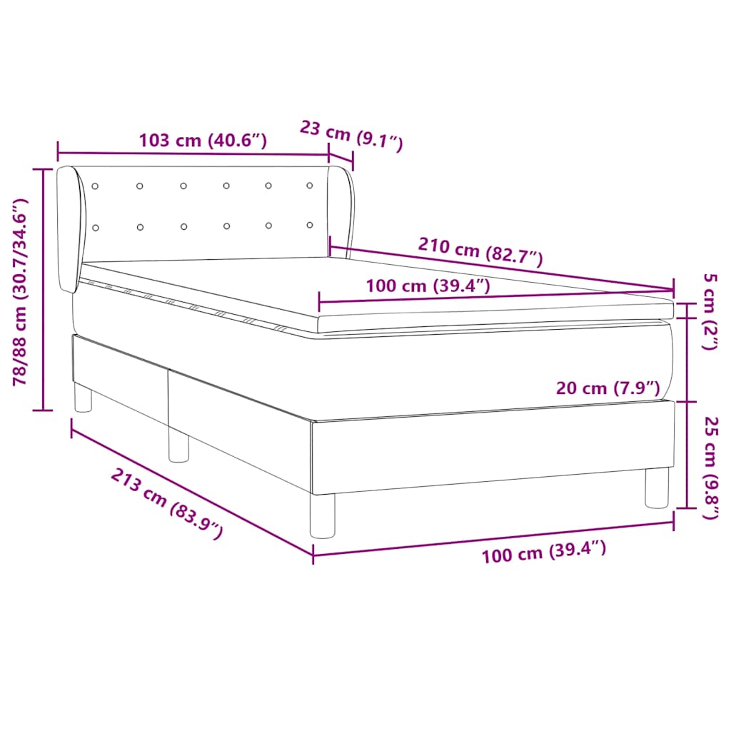 vidaXL Boxspringbett mit Matratze Hellgrau 100x210 cm Samt