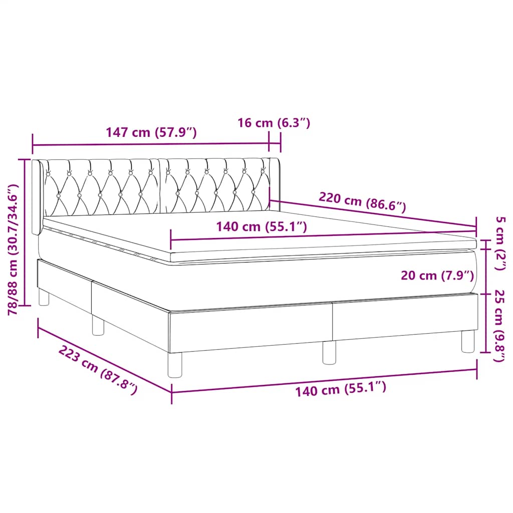 vidaXL Boxspringbett mit Matratze Dunkelgrau 140x220 cm Samt