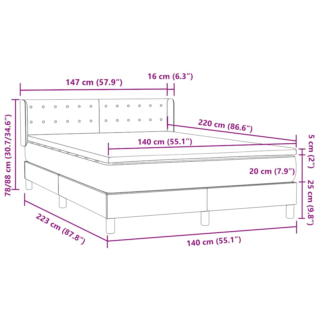 vidaXL Boxspringbett mit Matratze Dunkelgrau 140x220 cm Samt