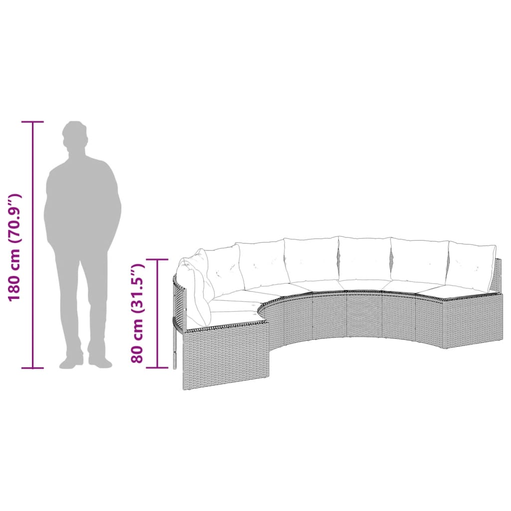 vidaXL Gartensofa mit Kissen Halbrund Grau Poly Rattan