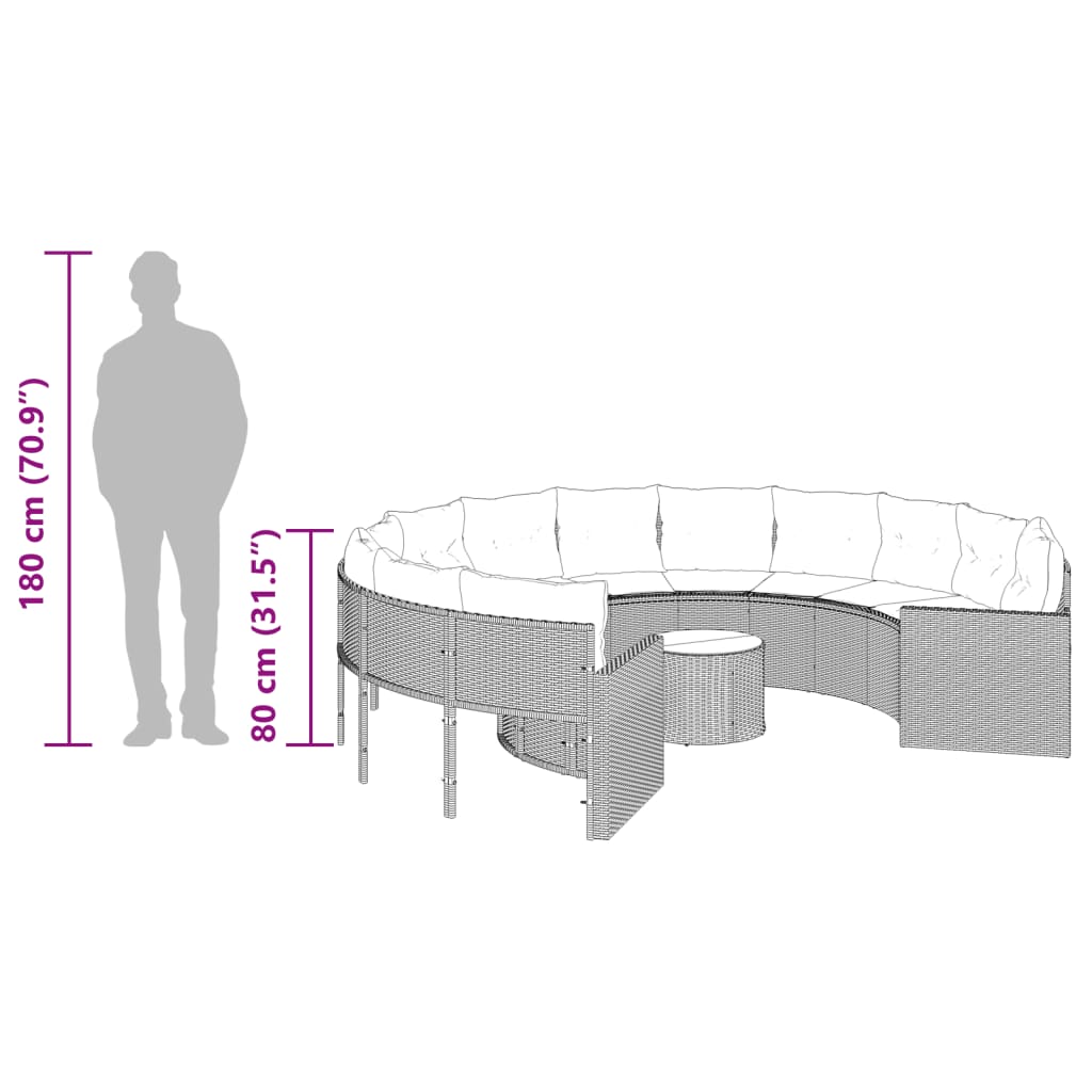 vidaXL Gartensofa mit Tisch und Kissen Rund Grau Poly Rattan