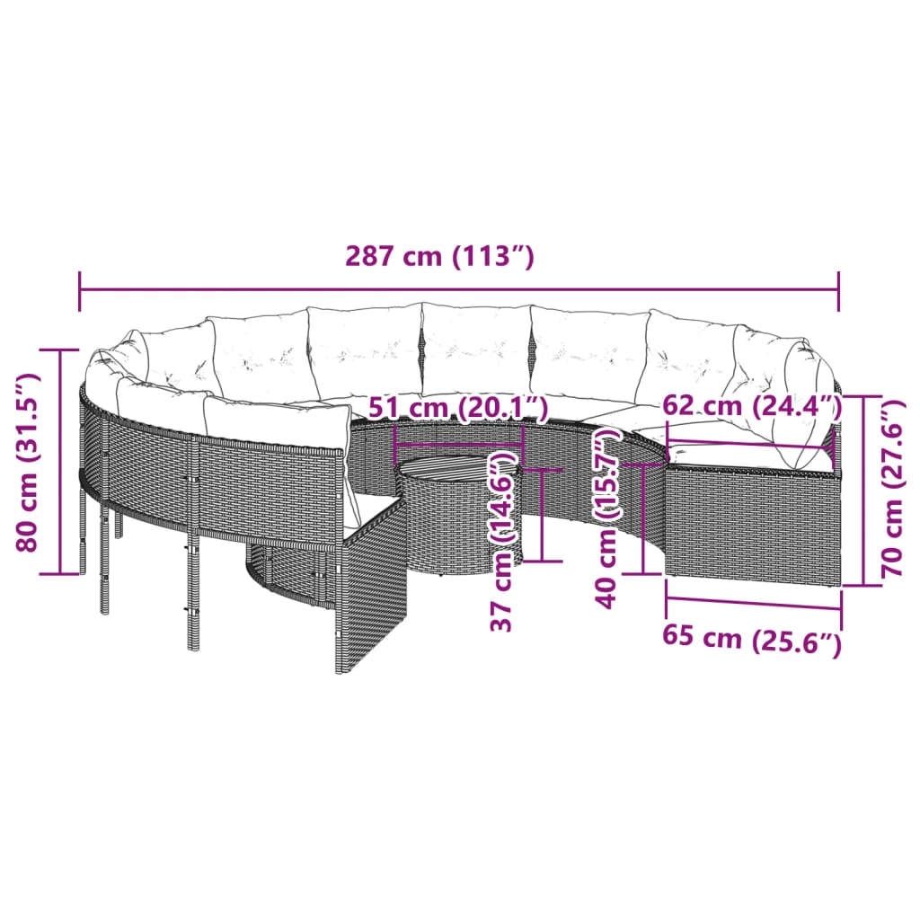 vidaXL Gartensofa mit Tisch und Kissen Rund Schwarz Poly-Rattan