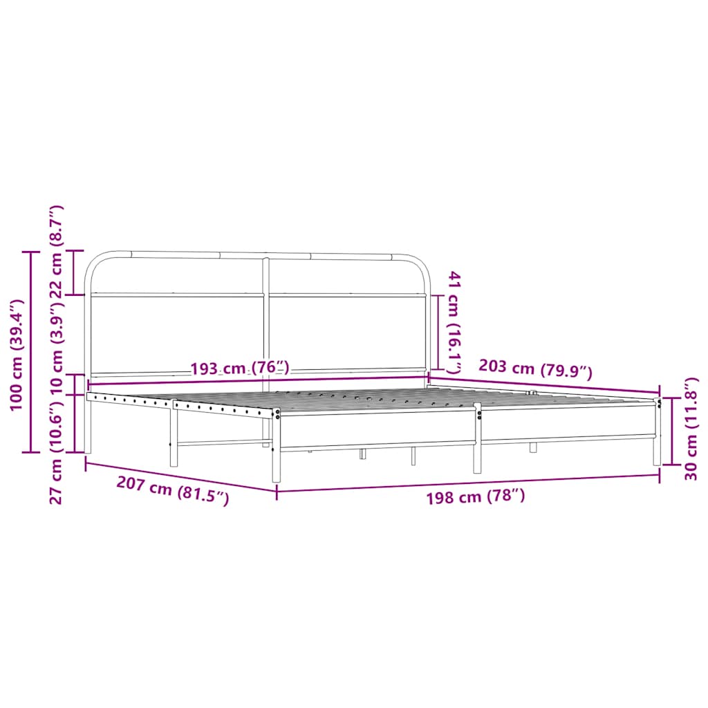 vidaXL Metallbett ohne Matratze Sonoma-Eiche 193x203 cm
