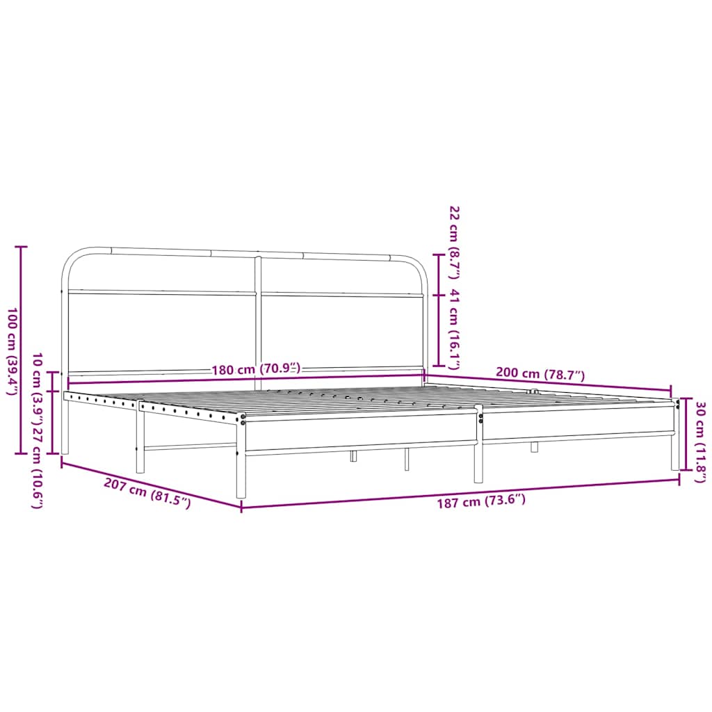 vidaXL Metallbett ohne Matratze Braun Eichen-Optik 180x200 cm