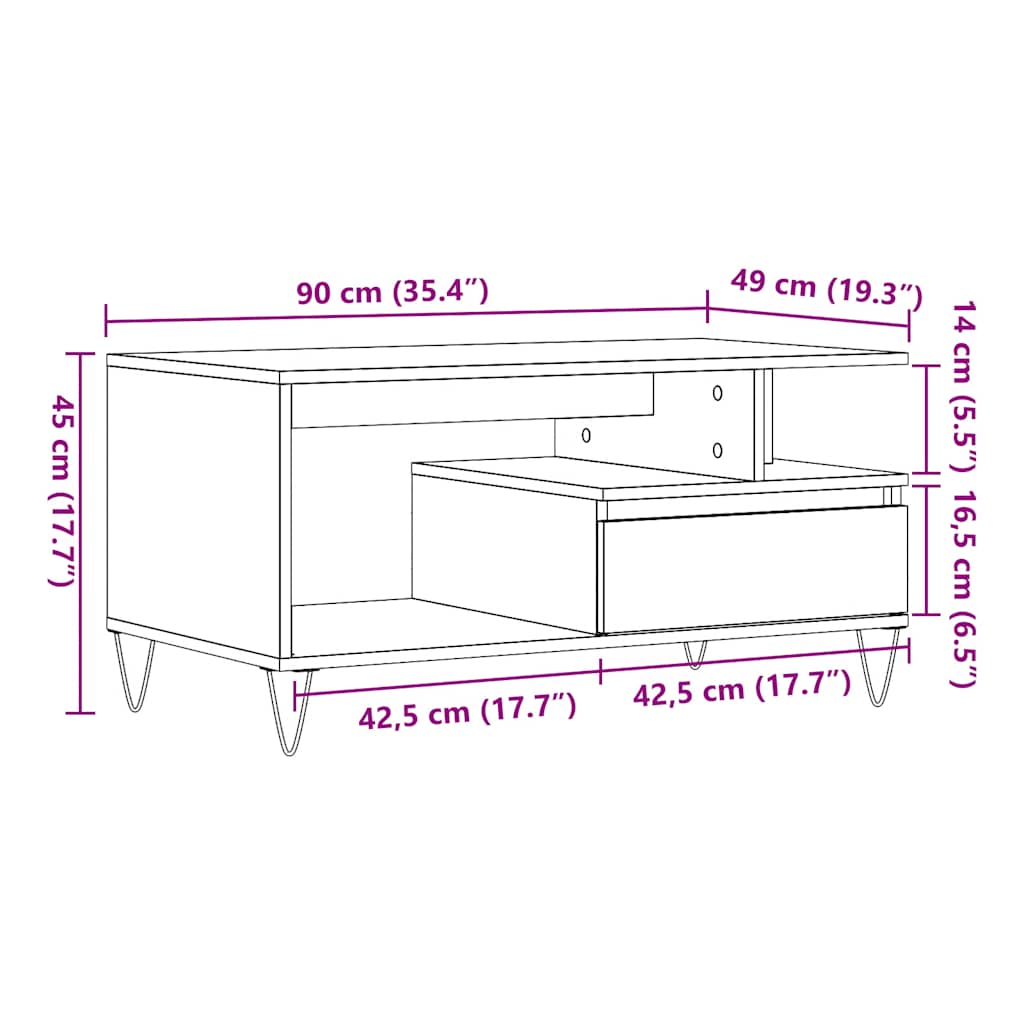 vidaXL Table basse chêne artisanal 90x49x45 cm bois d'ingénierie