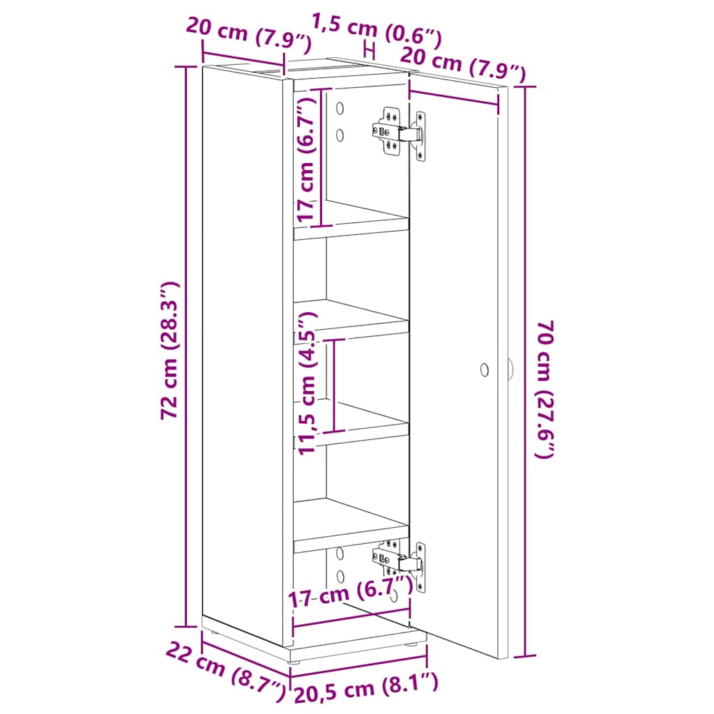 vidaXL Badezimmerschrank mit Rollenhalter Grau Sonoma 20,5x22x72 cm