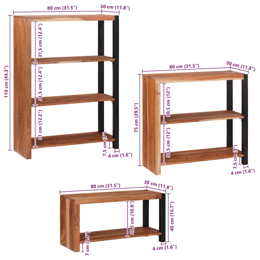 vidaXL Bücherregal 3 pcs Braun 80 x 30 x 110 cm Massivholz Akazie