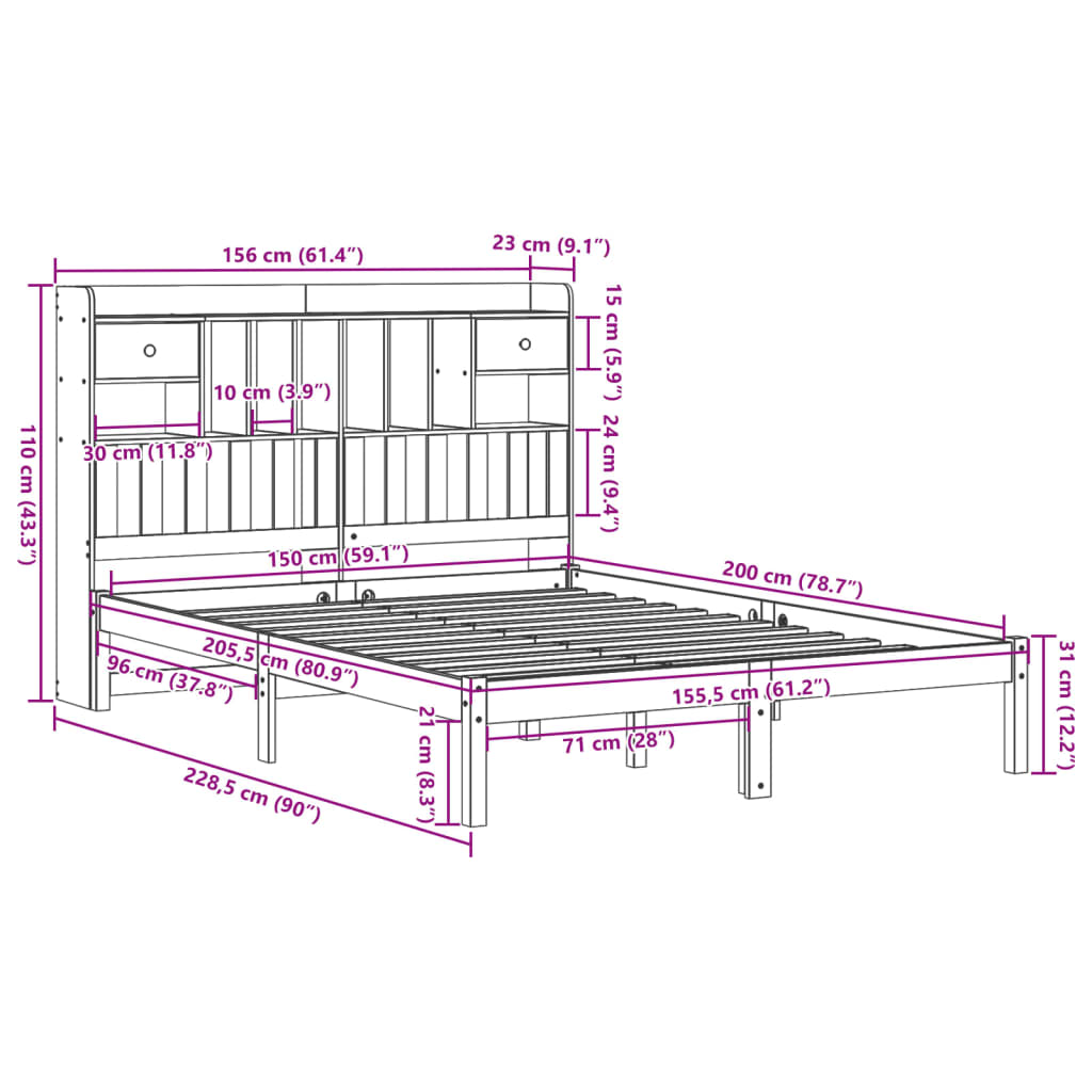 vidaXL Massivholzbett mit Regal ohne Matratze 150x200 cm Kiefernholz