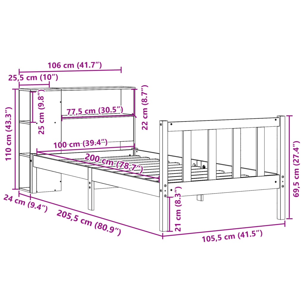 vidaXL Massivholzbett mit Regal ohne Matratze Wachsbraun 100x200 cm