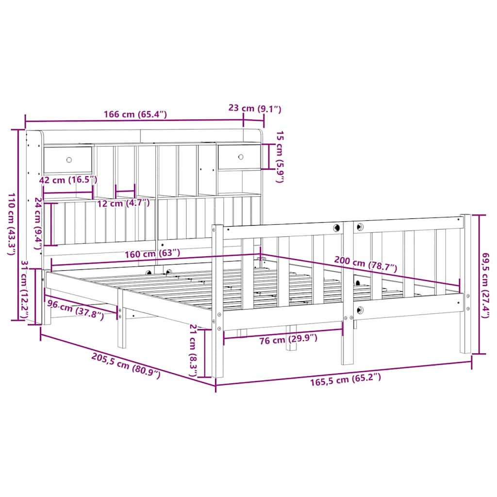 vidaXL Lit en bois massif avec étagère sans matelas 160x200 cm pin