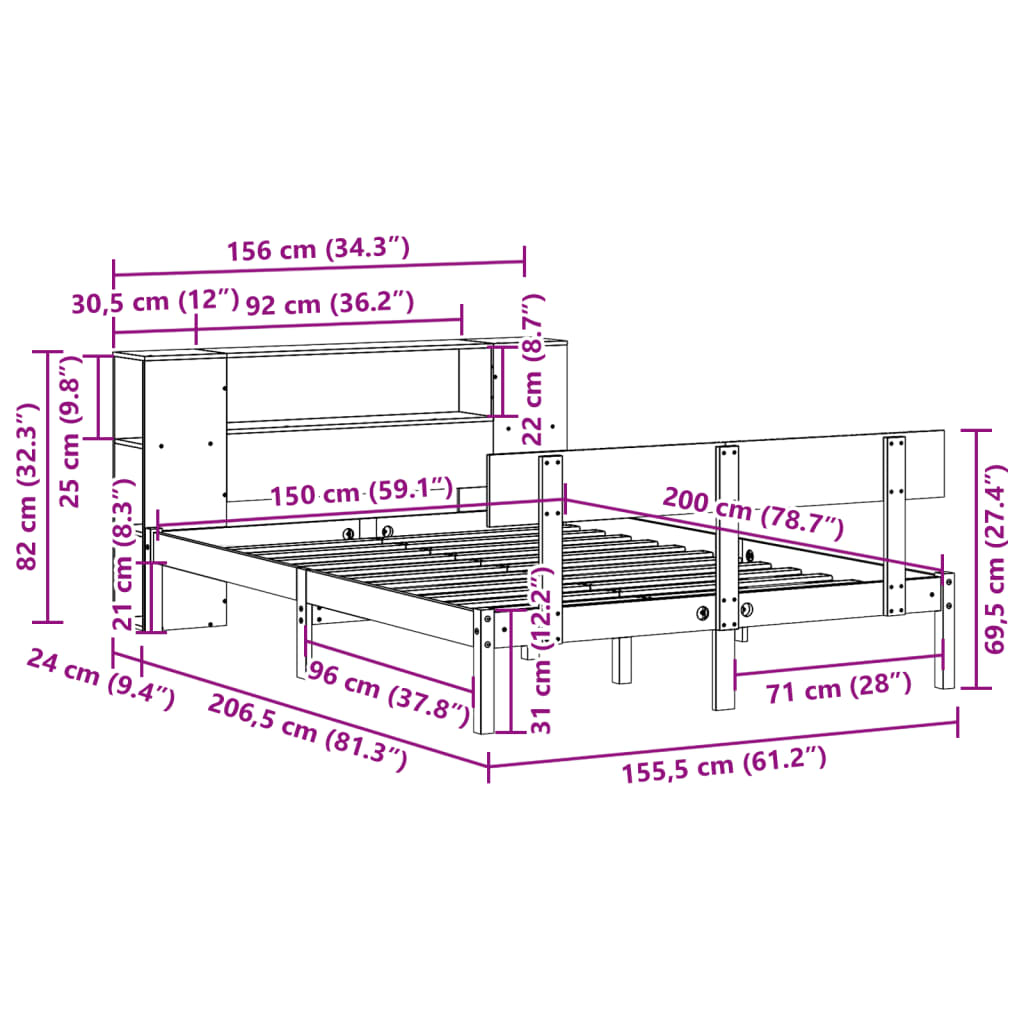 vidaXL Massivholzbett mit Regal ohne Matratze Weiß 150x200 cm Kiefer