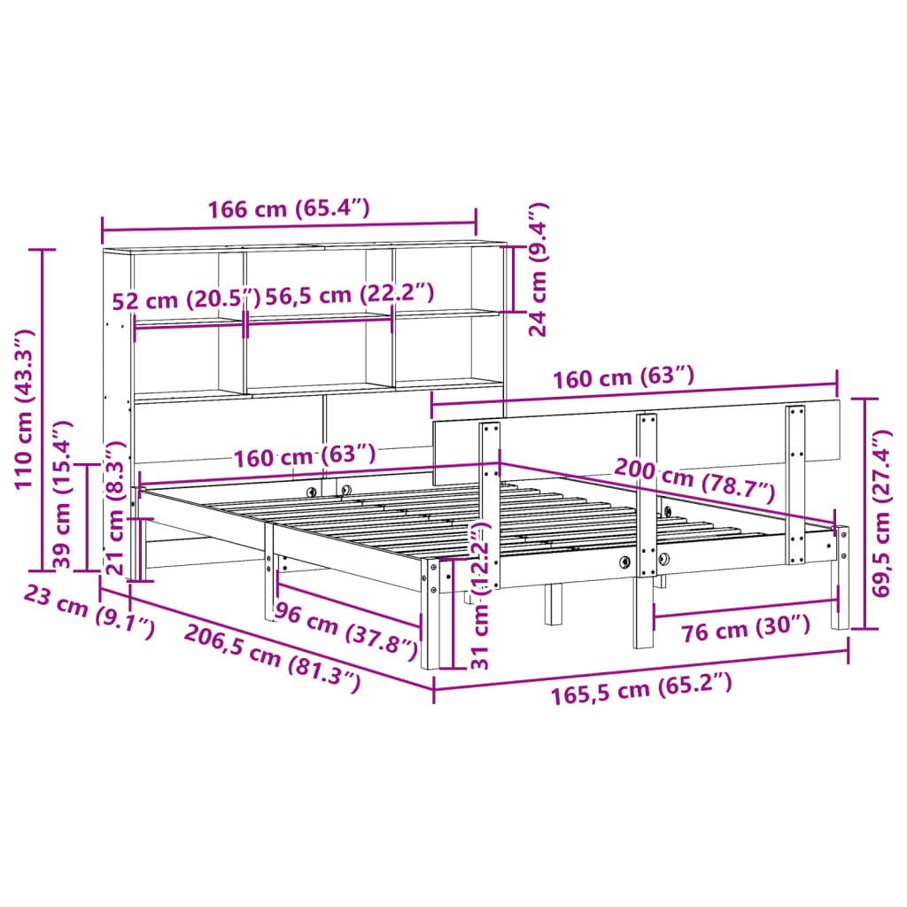 vidaXL Massivholzbett mit Regal ohne Matratze 160x200 cm Kiefernholz