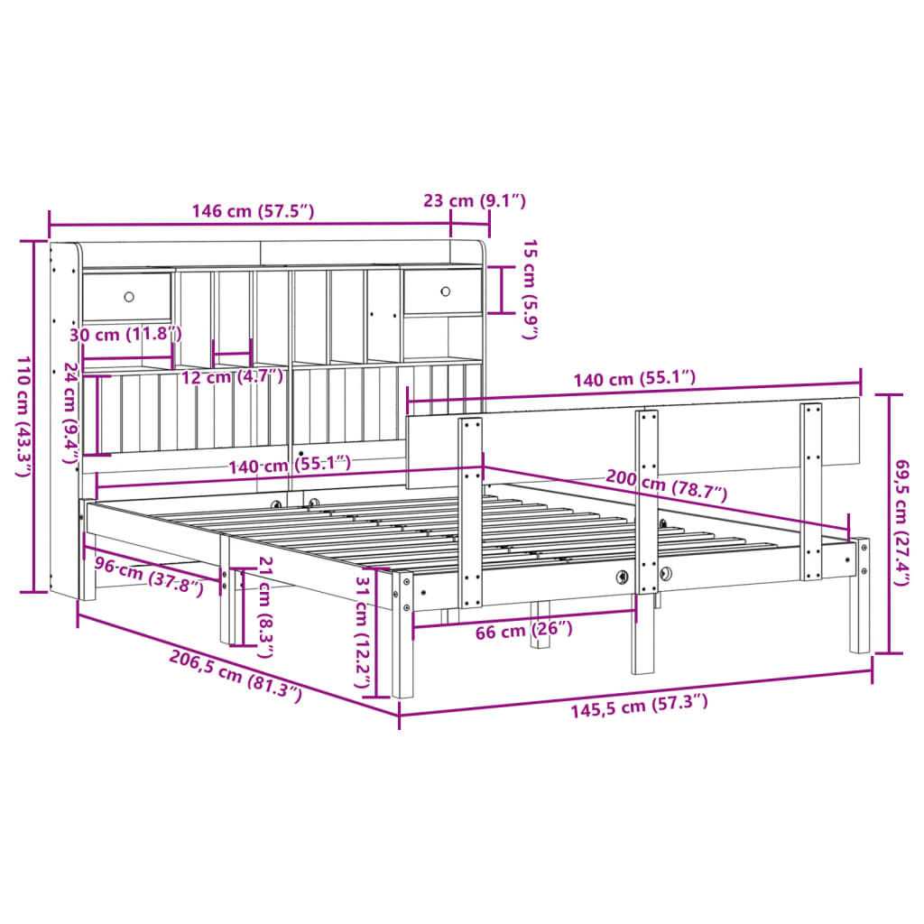 vidaXL Massivholzbett mit Regal ohne Matratze 140x200 cm Kiefernholz