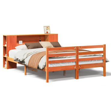 vidaXL Lit en bois massif avec étagère sans matelas Marron ciré 150x200 cm