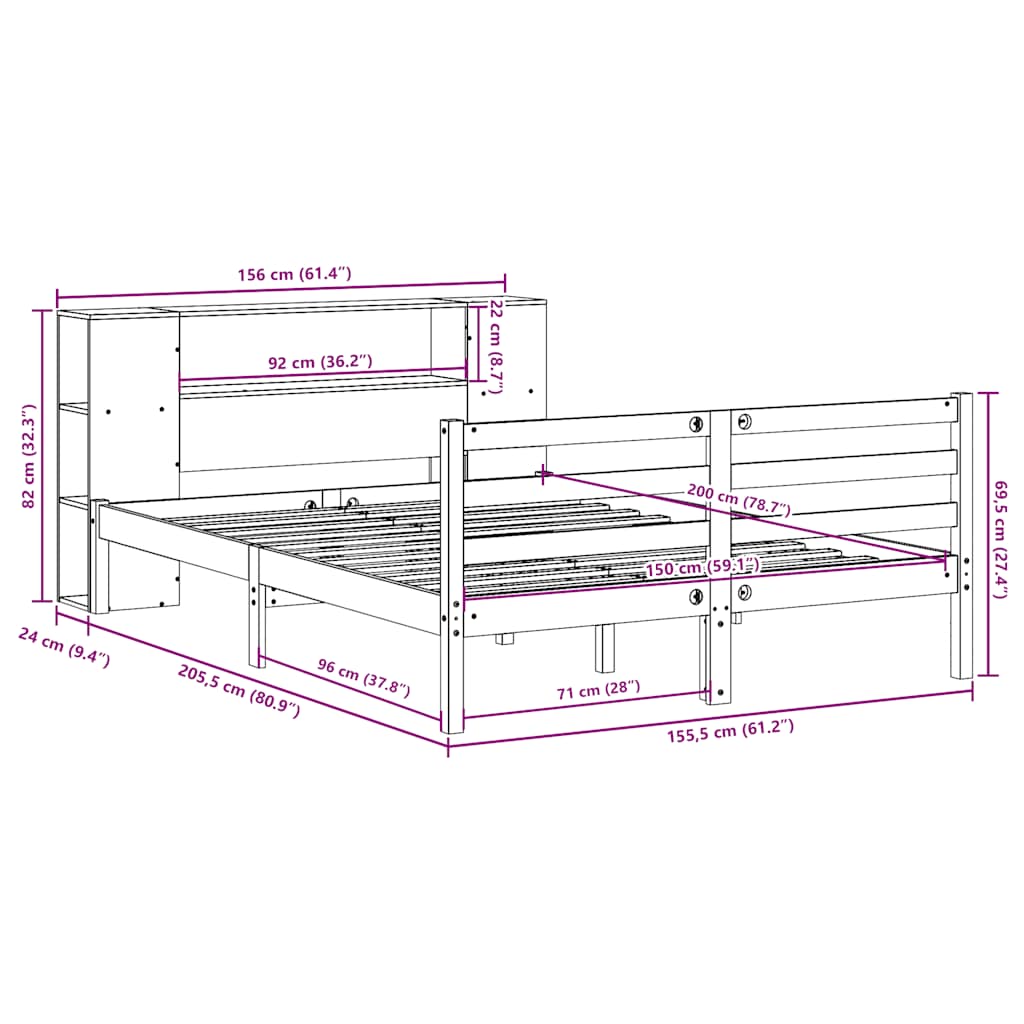 vidaXL Lit en bois massif avec étagère sans matelas Marron ciré 150x200 cm