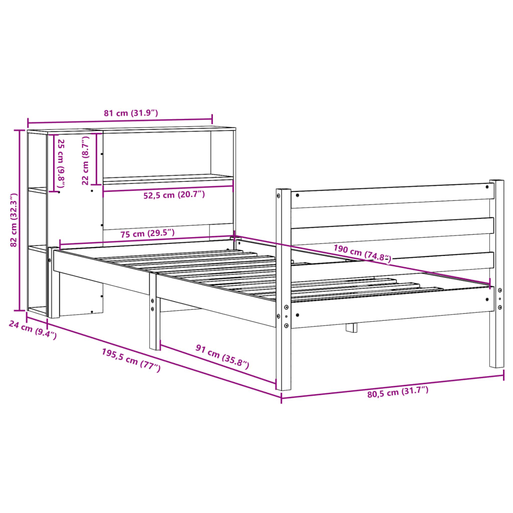 vidaXL Massivholzbett mit Regal ohne Matratze Wachsbraun 75x190 cm