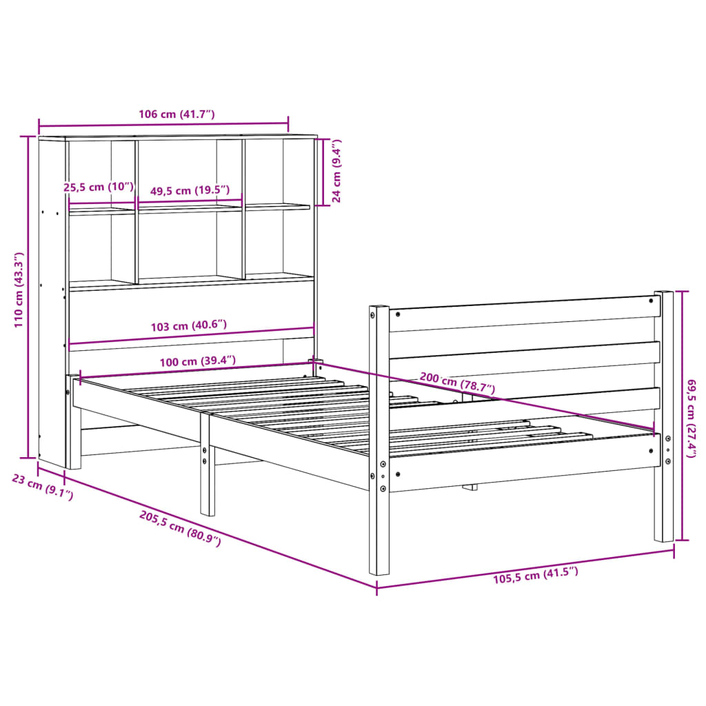vidaXL Massivholzbett mit Regal ohne Matratze Wachsbraun 100x200 cm