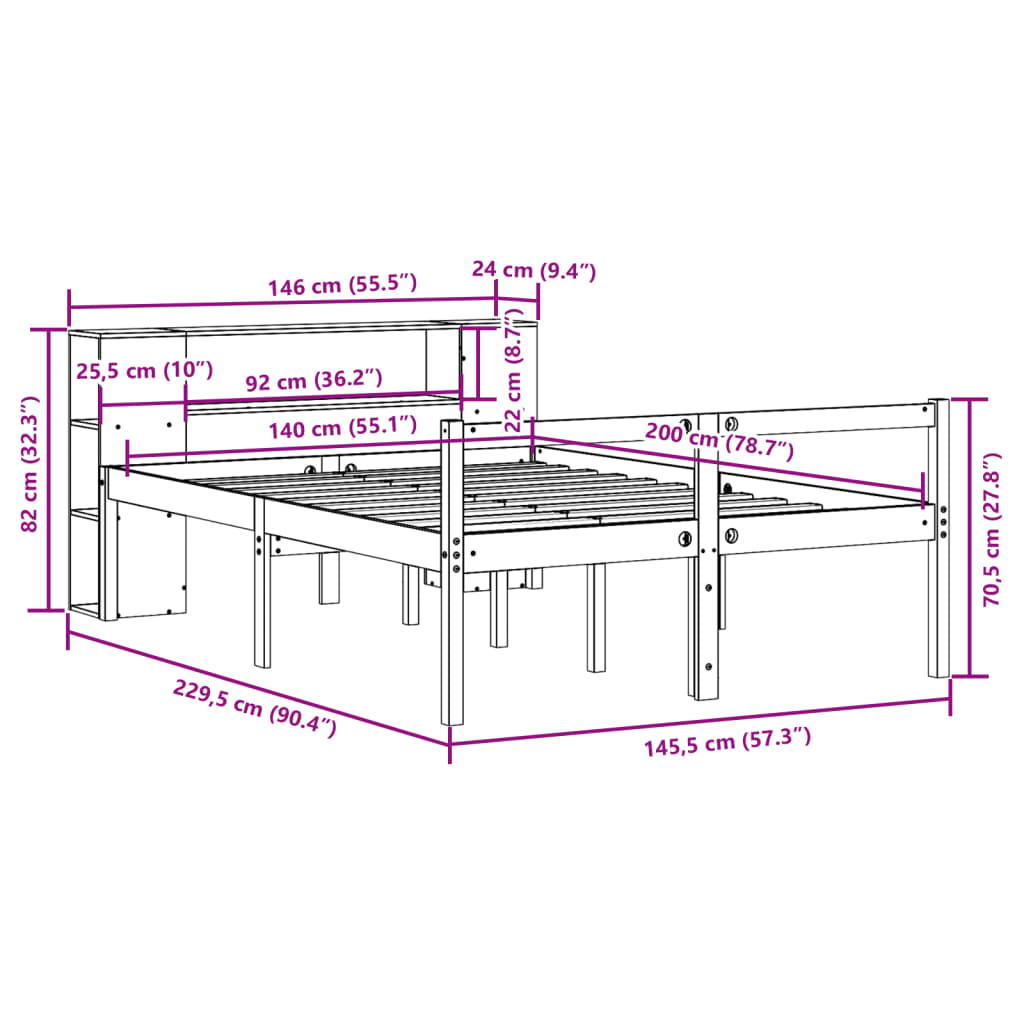 vidaXL Lit en bois massif avec étagère sans matelas Marron ciré 140x200 cm