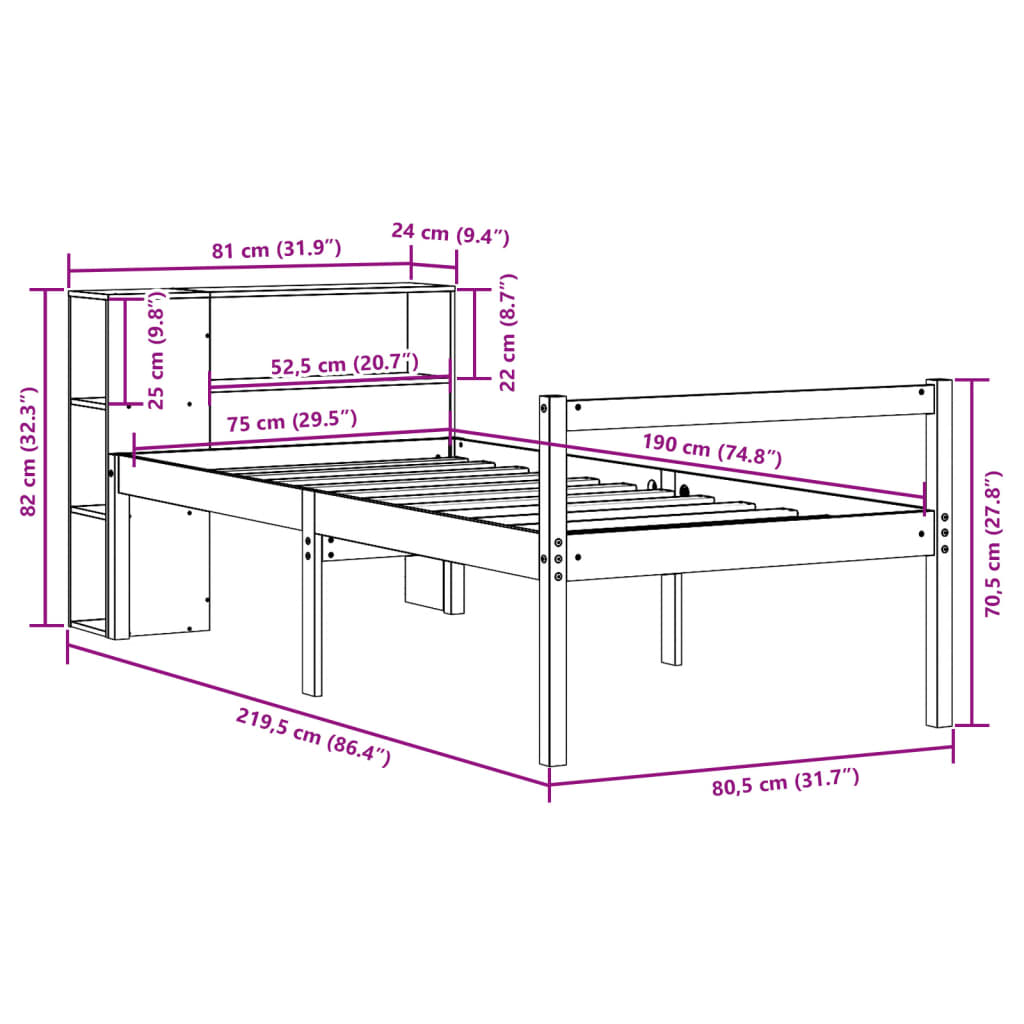 vidaXL Massivholzbett mit Regal ohne Matratze Weiß 75x190 cm Kiefer