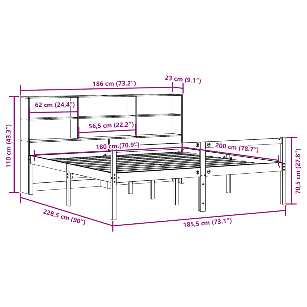 vidaXL Lit en bois massif avec étagère sans matelas Blanc 180x200 cm Pin