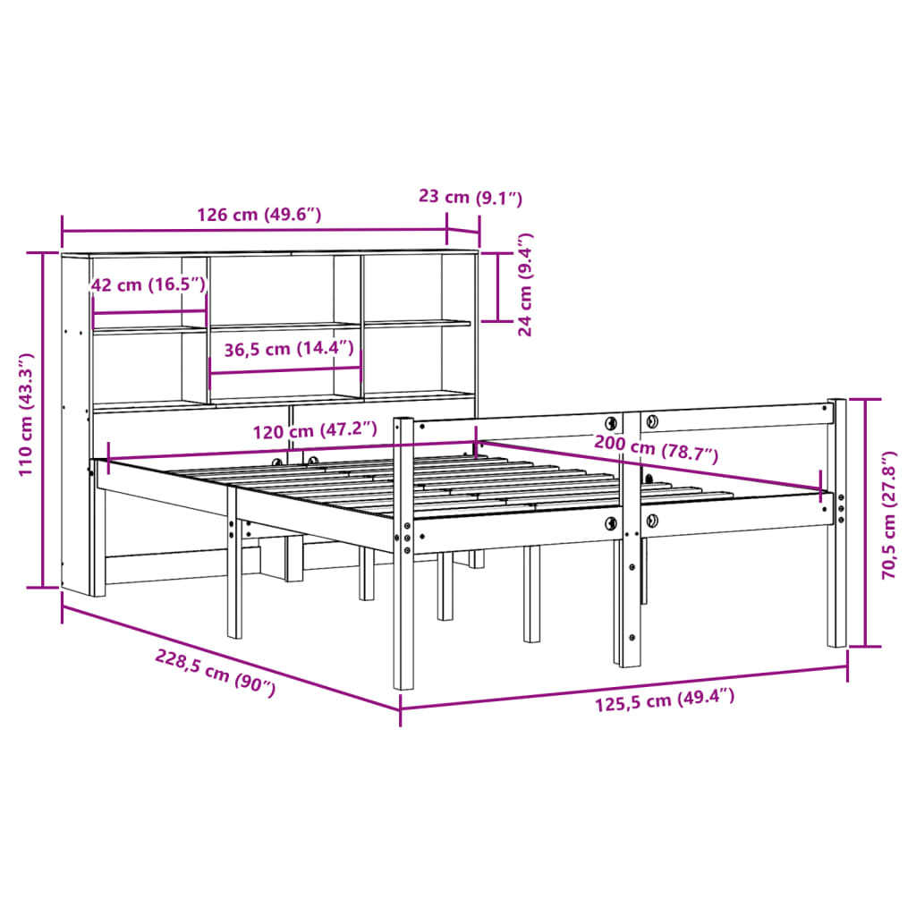 vidaXL Massivholzbett mit Regal ohne Matratze Wachsbraun 120x200 cm