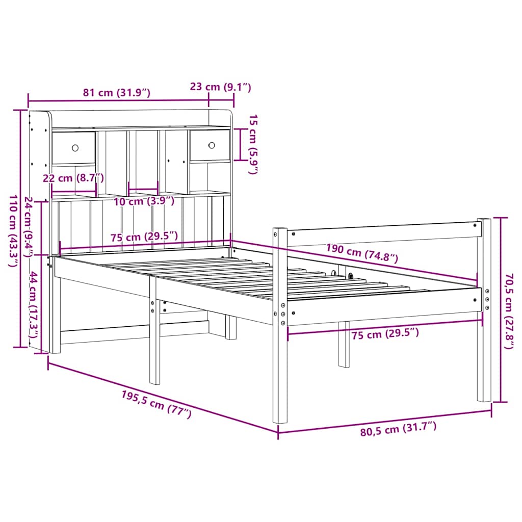 vidaXL Bücherregalbett ohne Matratze 75x190 cm Massivholz Kiefer