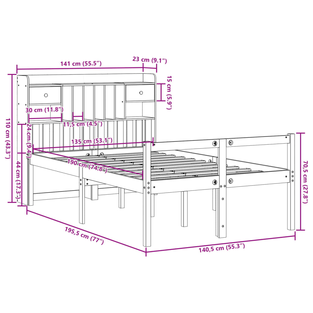 vidaXL Massivholzbett mit Regal ohne Matratze 135x190 cm Kiefernholz