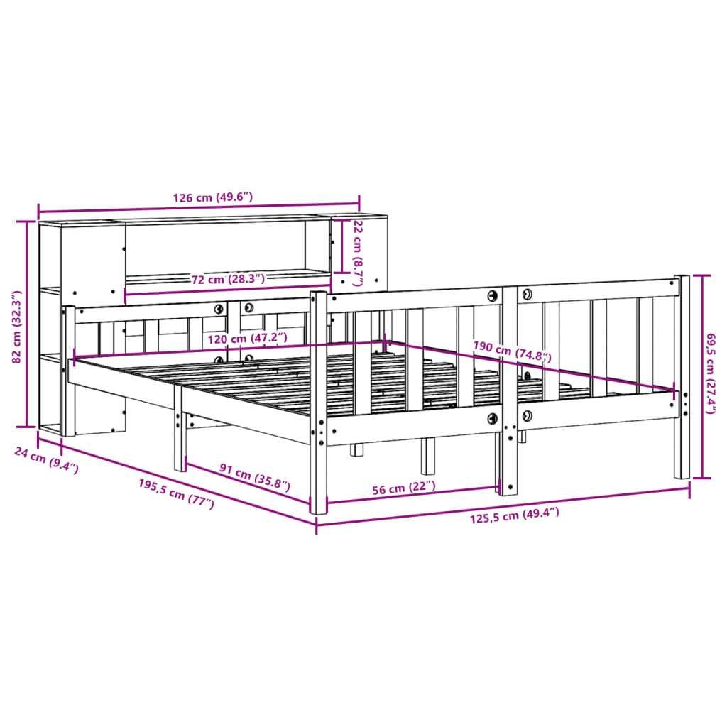 vidaXL Massivholzbett mit Regal ohne Matratze 120x190 cm Kiefernholz