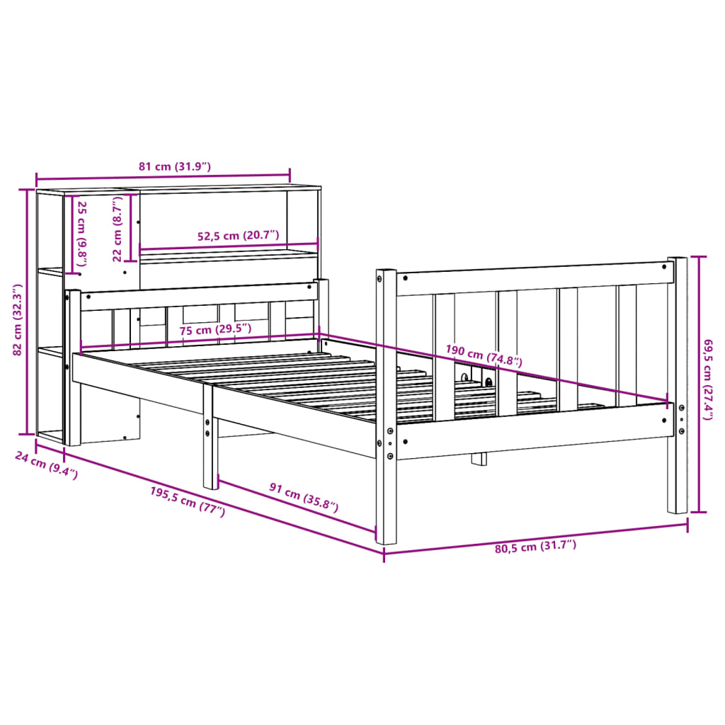 vidaXL Bücherregalbett ohne Matratze 75x190 cm Massivholz Kiefer