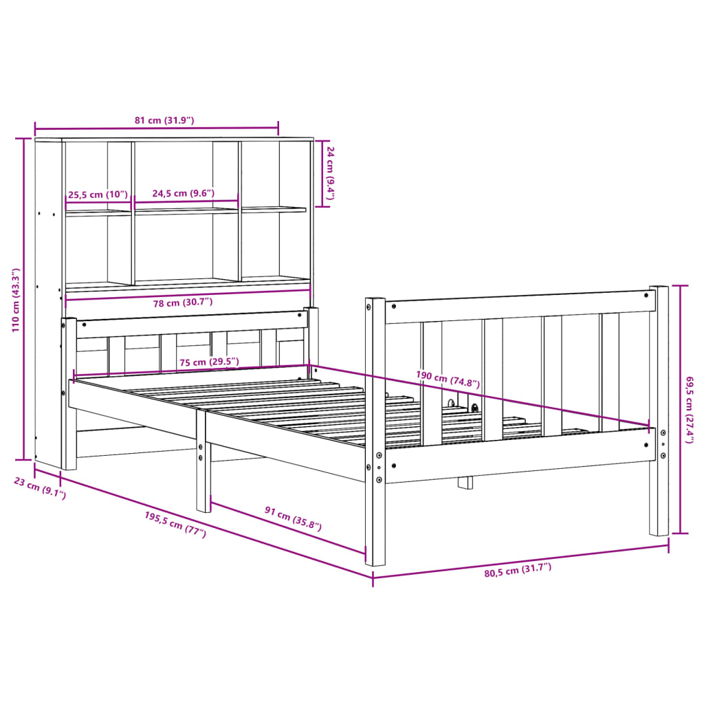 vidaXL Massivholzbett mit Regal ohne Matratze Wachsbraun 75x190 cm