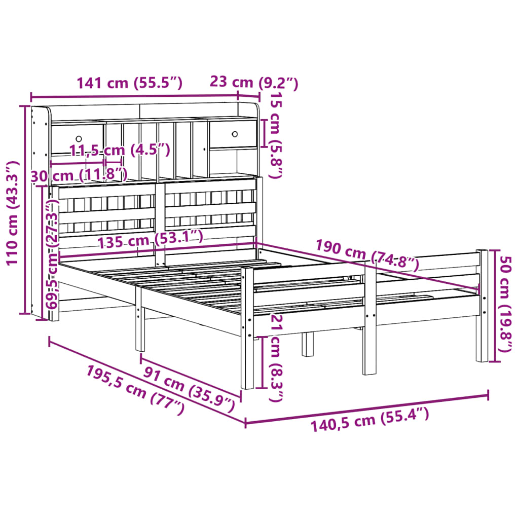 vidaXL Massivholzbett mit Regal ohne Matratze 135x190 cm Kiefer