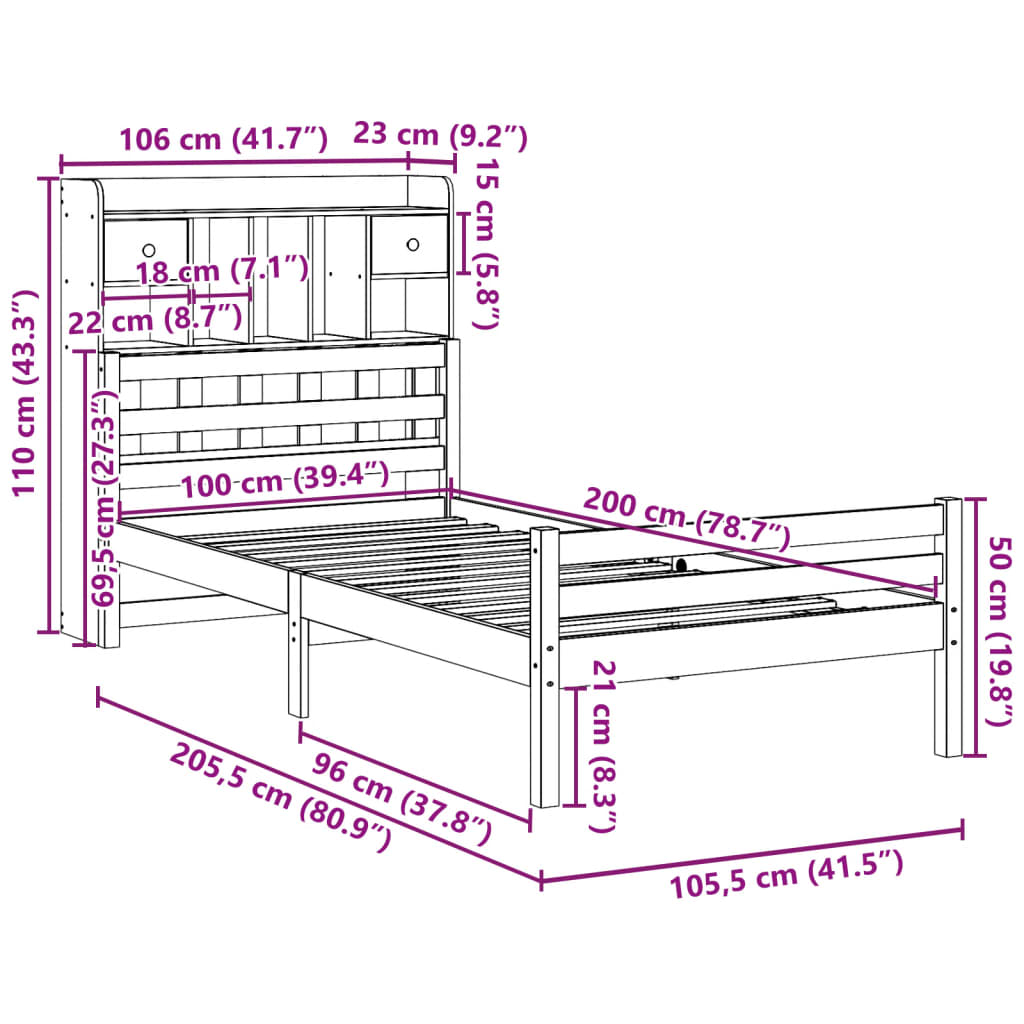 vidaXL Massivholzbett mit Regal ohne Matratze 100x200 cm Kiefer