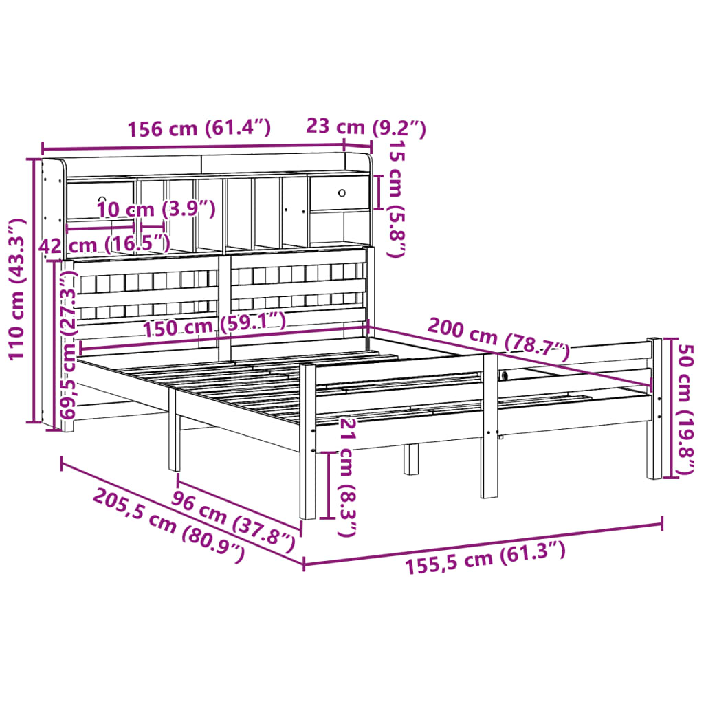 vidaXL Massivholzbett mit Regal ohne Matratze 150x200 cm Kiefer