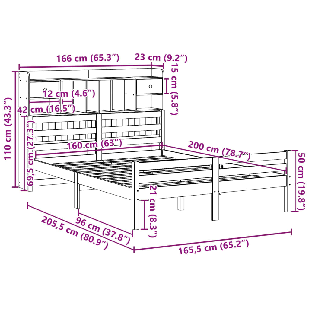 vidaXL Lit en bois massif avec étagère sans matelas Blanc 160x200 cm Pin