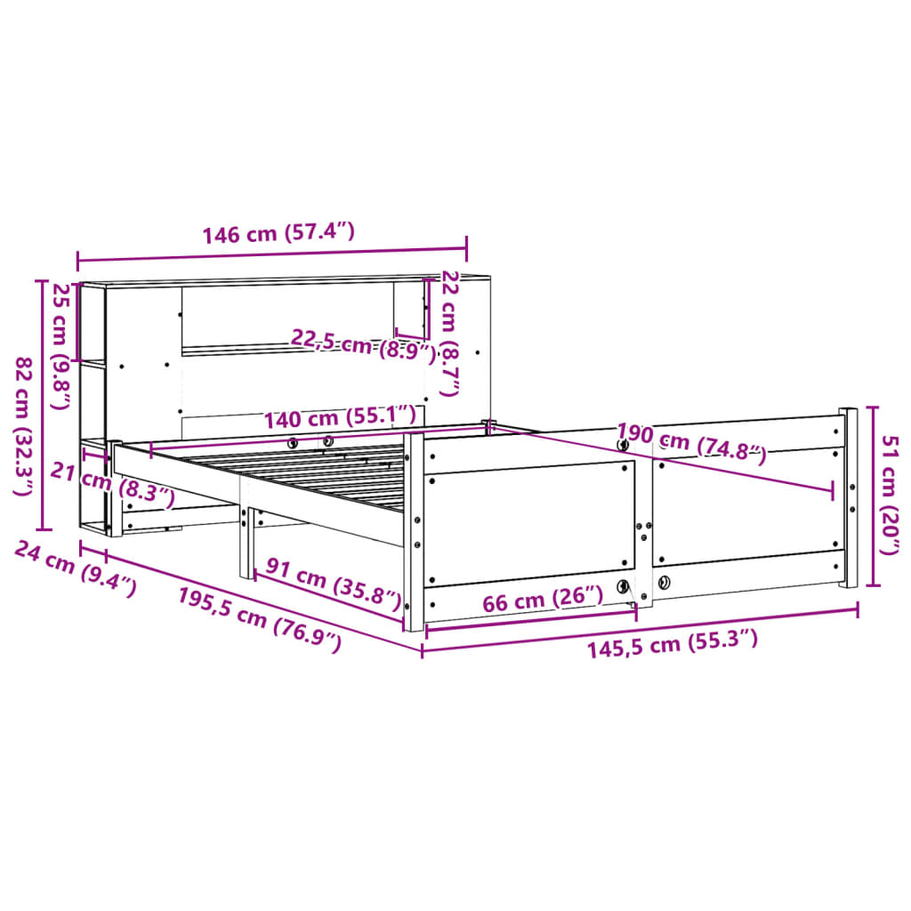 vidaXL Massivholzbett mit Regal ohne Matratze 140x190 cm Kiefer