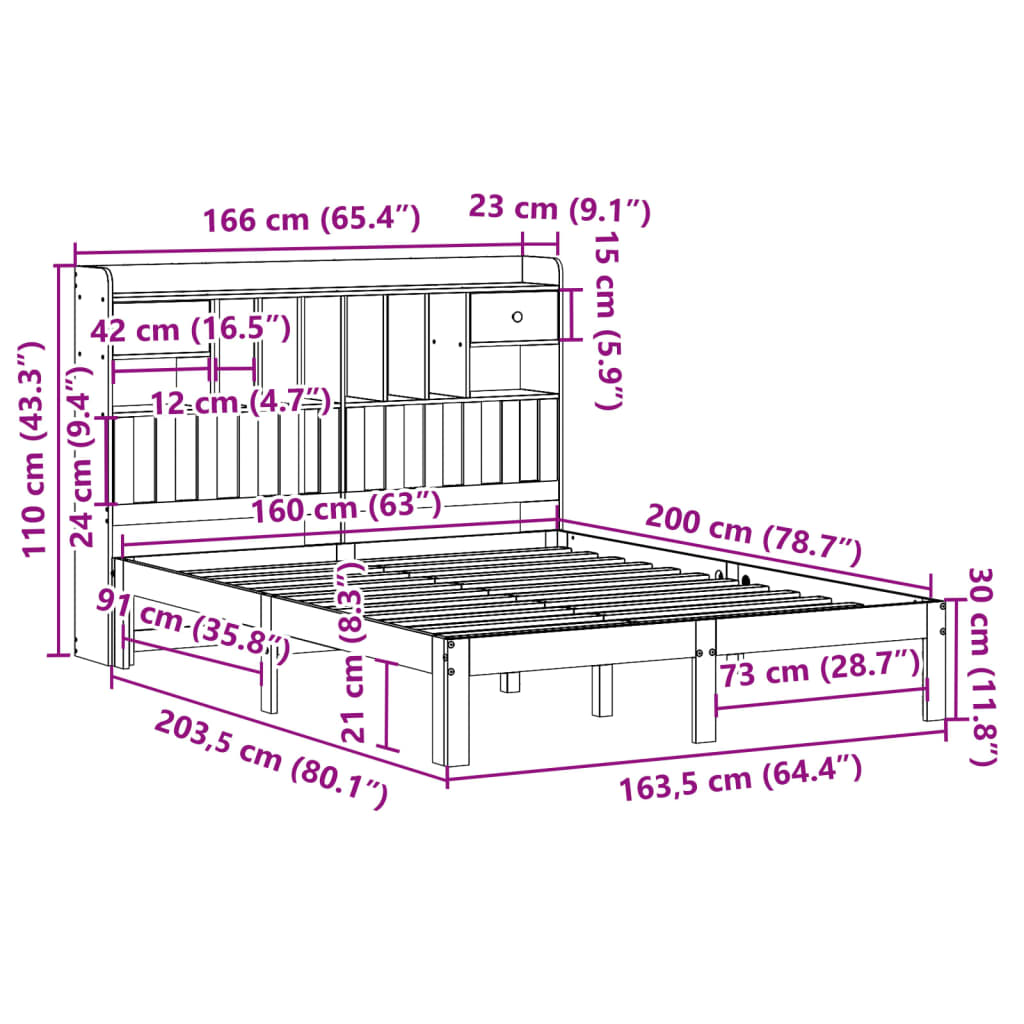 vidaXL Massivholzbett mit Regal ohne Matratze 160x200 cm Kiefer