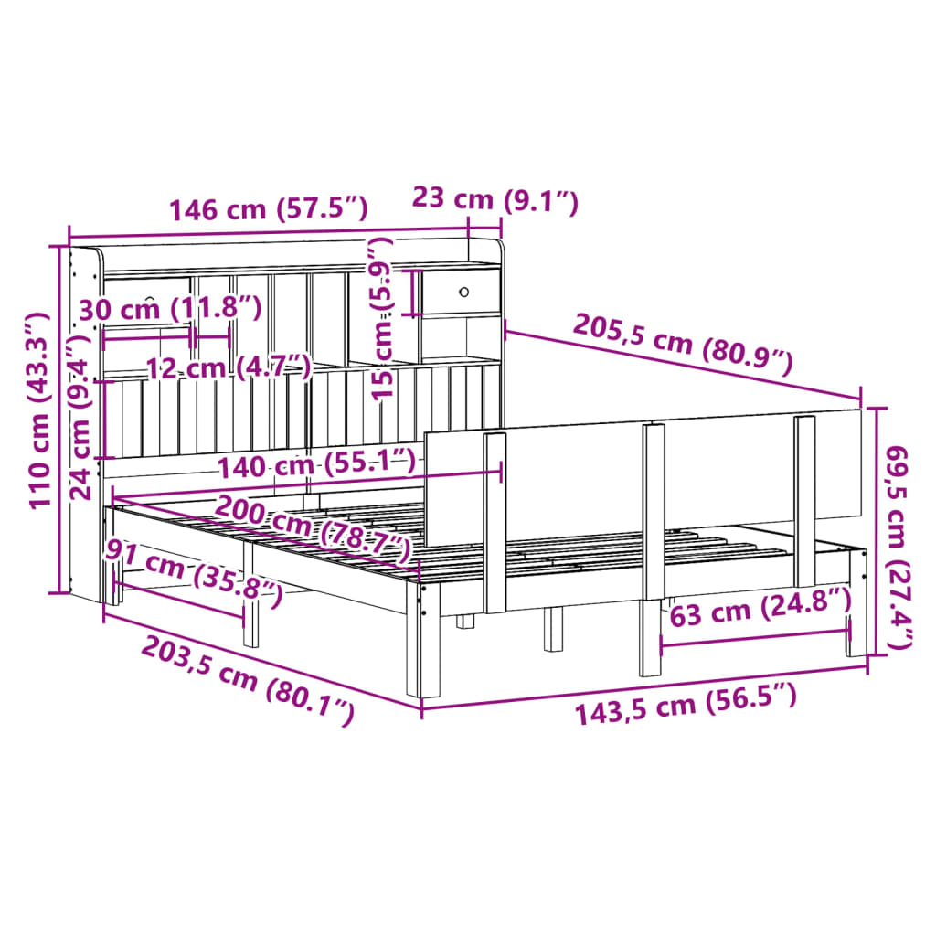 vidaXL Lit en bois massif avec étagère sans matelas 140x200 cm pin