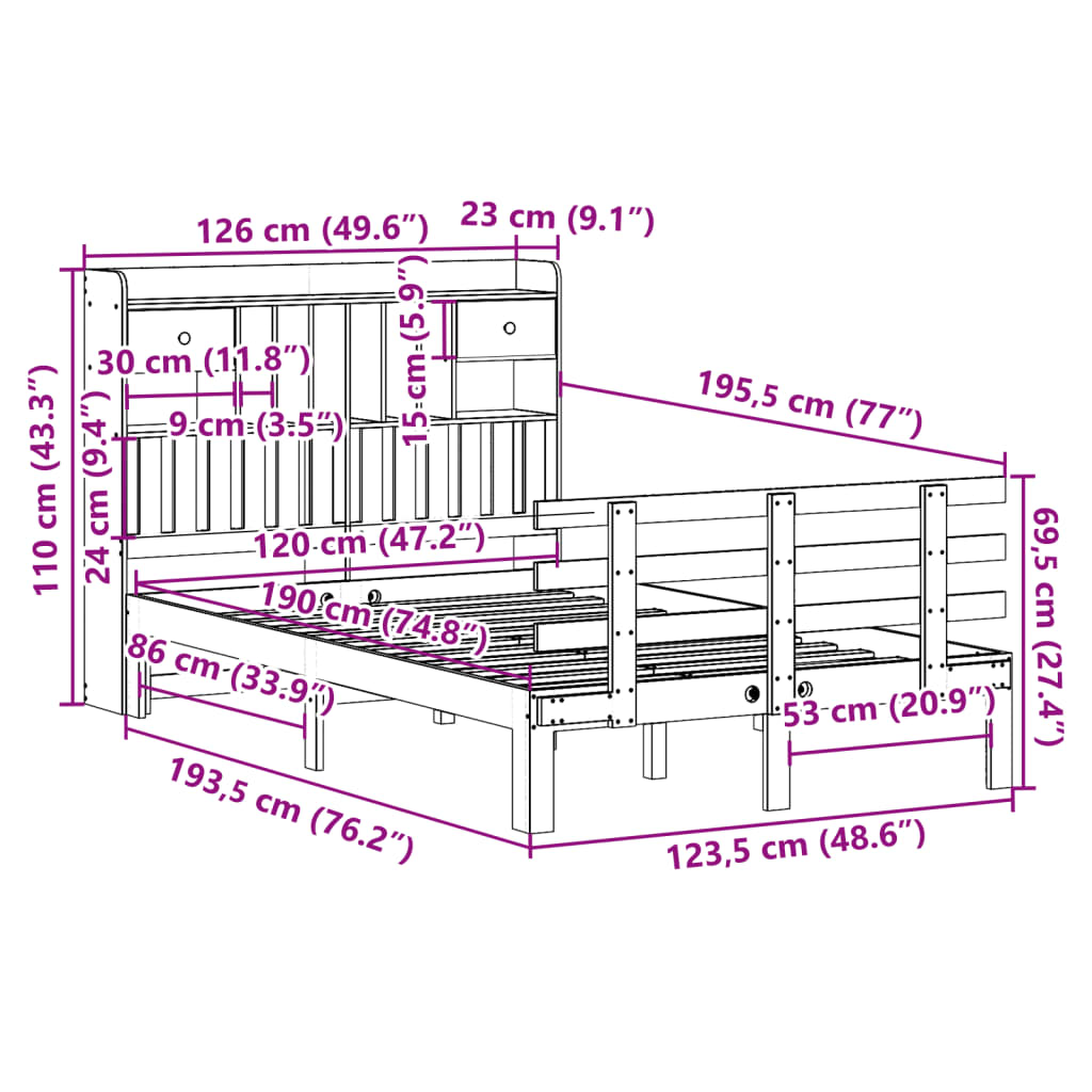 vidaXL Massivholzbett mit Regal ohne Matratze Wachsbraun 120x190 cm