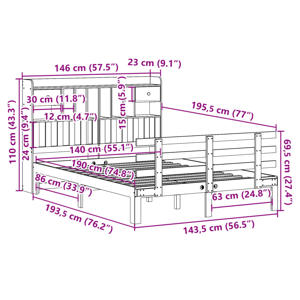 vidaXL Massivholzbett mit Regal ohne Matratze Wachsbraun 140x190 cm