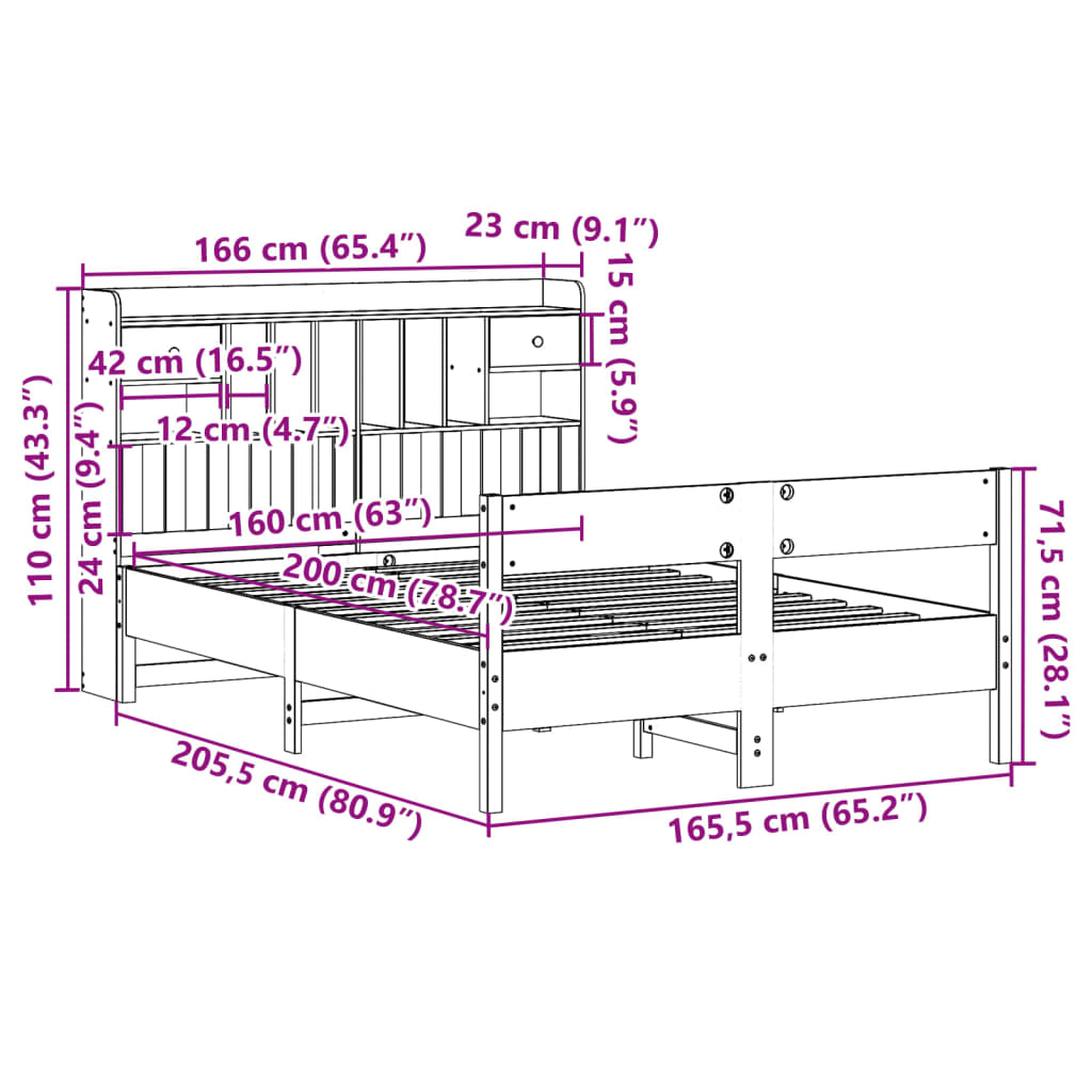 vidaXL Massivholzbett mit Regal ohne Matratze 160x200 cm Kiefer