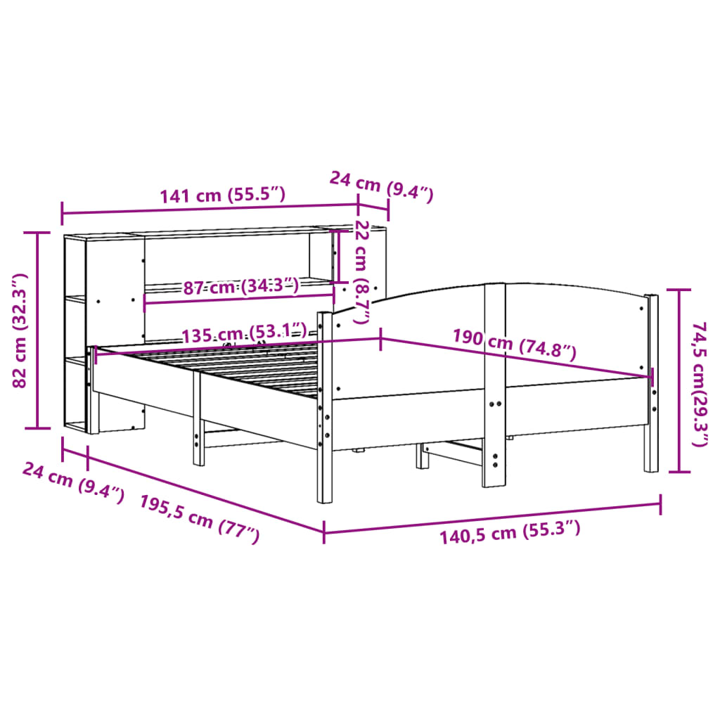 vidaXL Massivholzbett mit Regal ohne Matratze 135x190 cm Kiefer